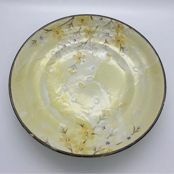 Ceramic Japanese Yellow White Cherry Blossom Soup Bowls 9in - Picture 3 of 9